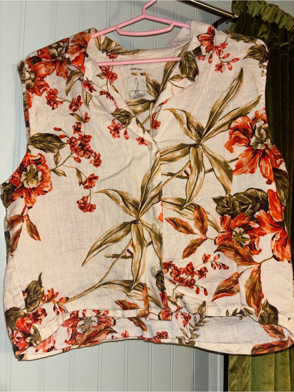 Joie White Linen Sleeveless Button-Front Top with Orange Floral Print